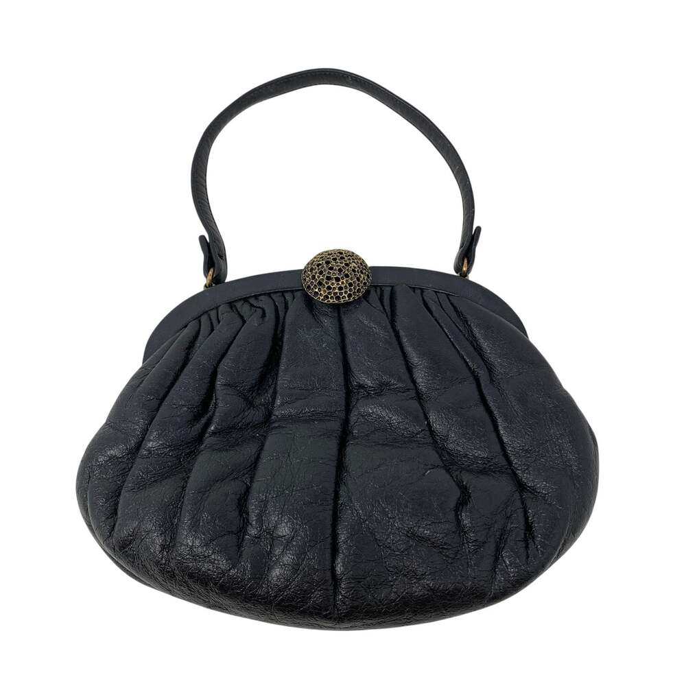 Vtg Black Frame Handbag Women's Gathered Top Handle Gold Tone Clasp Evening Bag
